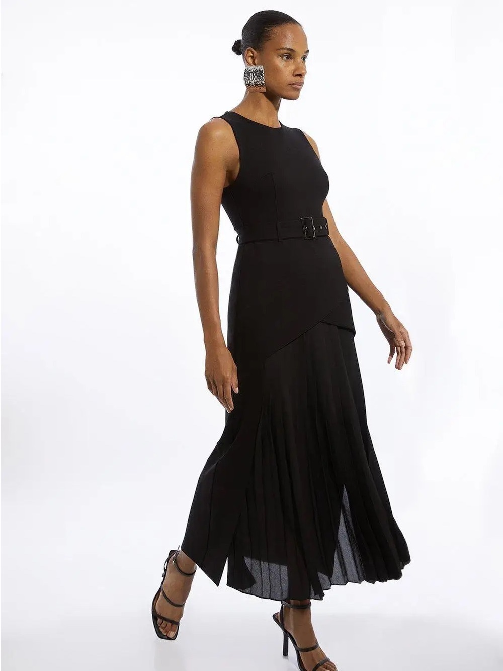 Karen Millen Forever Ponte And Georgette Jersey Pleated Maxi Dress - Picture 2 of 9